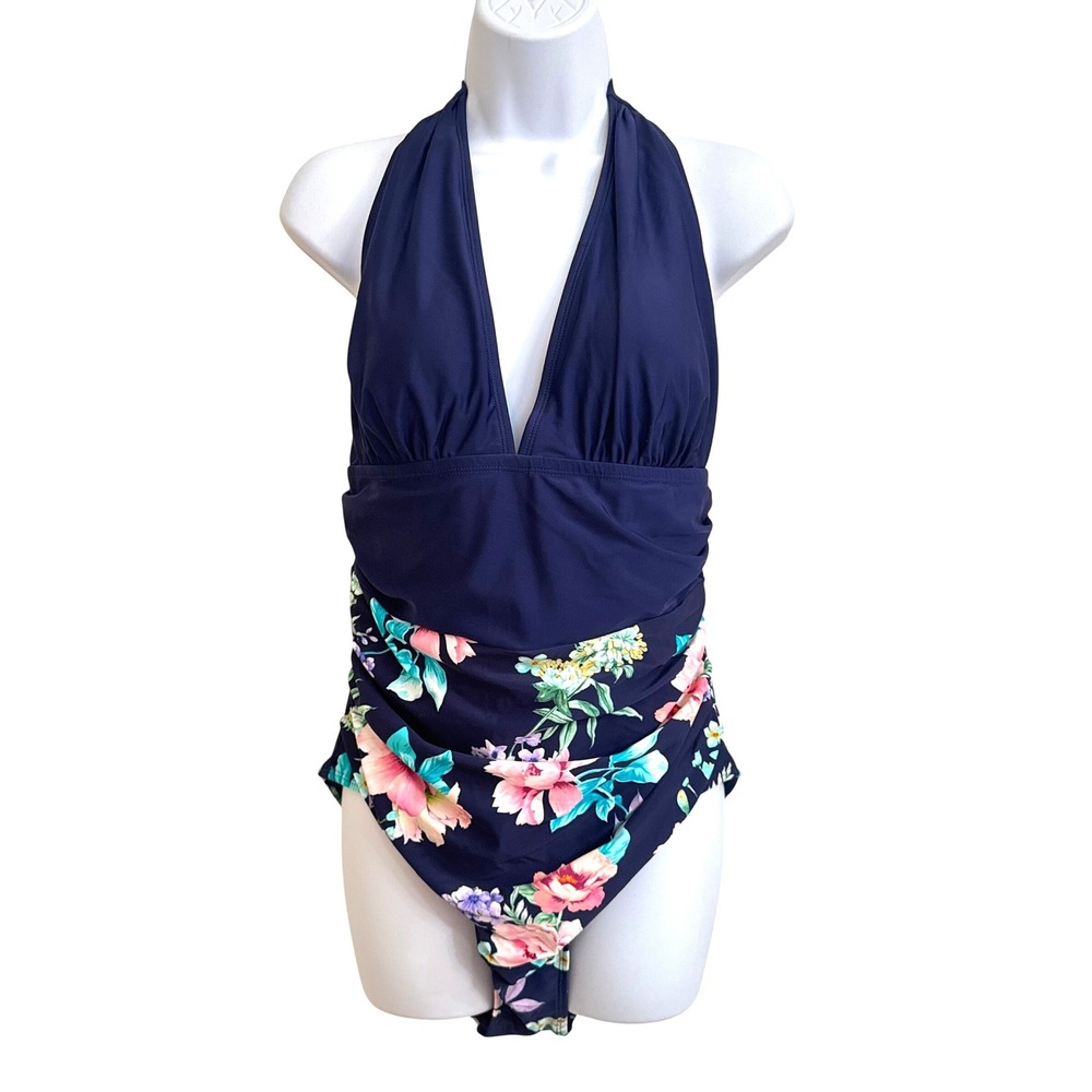 Cupshe Navy Blue Floral Halter One Piece Swimsuit XL - Picture 1 of 8